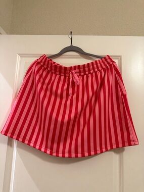 Striped Red & Pink Midi Skort with Drawstring Waist